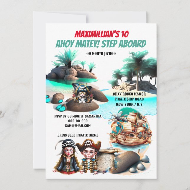 Invitación Barco del tesoro de la isla chica, un niño pirata  (Anverso)