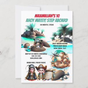 Invitación Barco del tesoro de la isla chica, un niño pirata