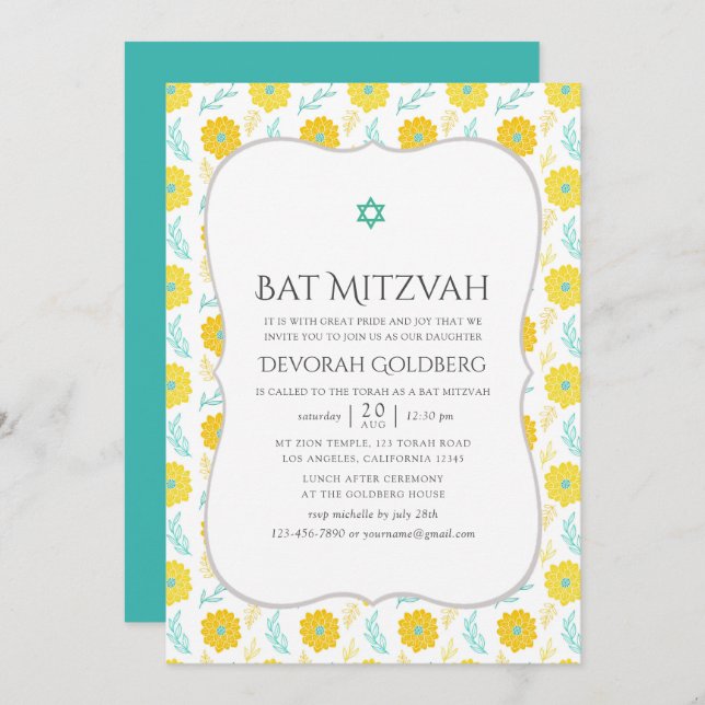 Invitación Barco floral amarillo y Verde azulado Mitzvah (Anverso / Reverso)