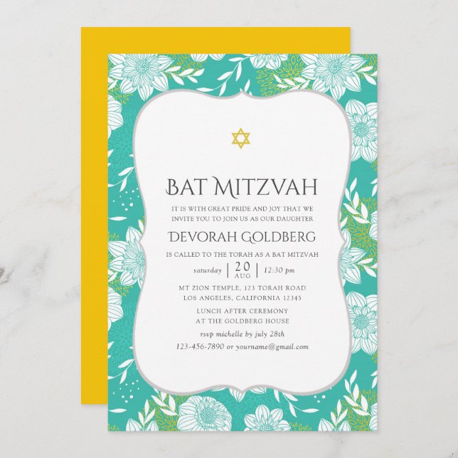 Invitación Barco floral amarillo y Verde azulado Mitzvah (Anverso / Reverso)