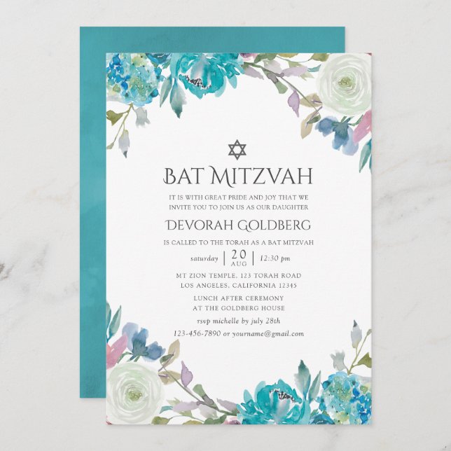 Invitación Barco floral azul turquesa Mitzvah (Anverso / Reverso)