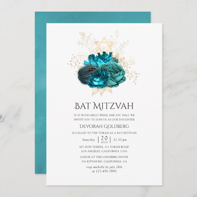 Invitación Barco floral verde azulado y dorado Mitzvah (Anverso / Reverso)
