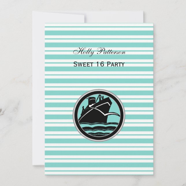 Invitación Barco Náutico Lt Azul Blanco Raya #2 V Dulces 16 (Anverso)