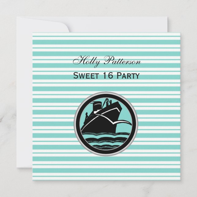 Invitación Barco Náutico Lt Azul Blanco Raya SQ Dulces 16 (Anverso)