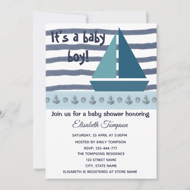 Invitación barco náutico y anclajes niño ducha de bebé (Anverso)