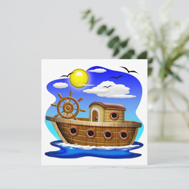 Invitación Barco Pesquero Dibujo Animado  (Anverso de pie)
