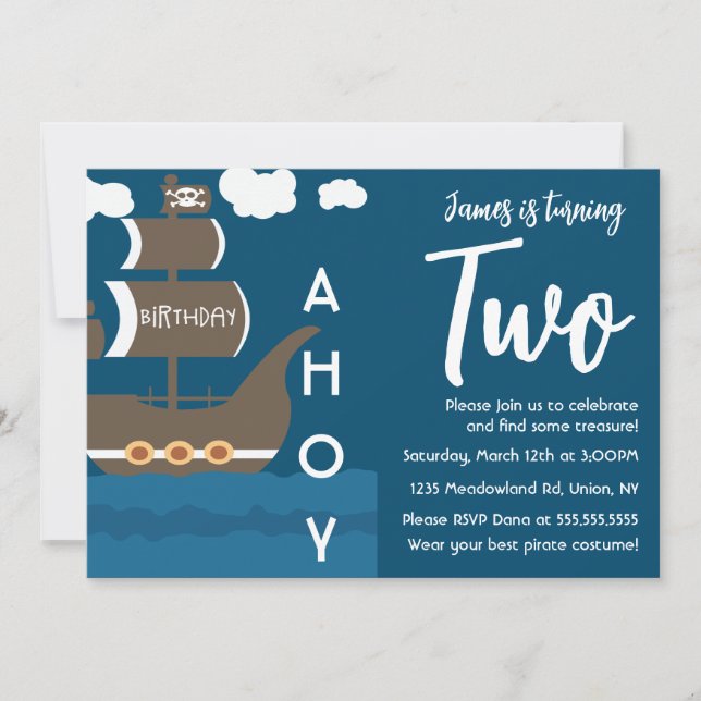 Invitación Barco Pirata Cumpleaños Ahoy Fiesta Cualquier Edad (Anverso)