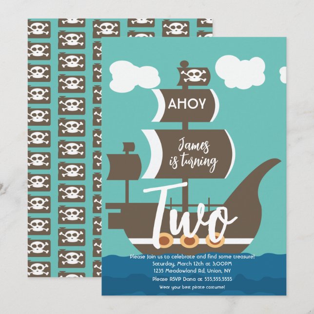 Invitación Barco Pirata Cumpleaños Ahoy Fiesta Cualquier Edad (Anverso / Reverso)