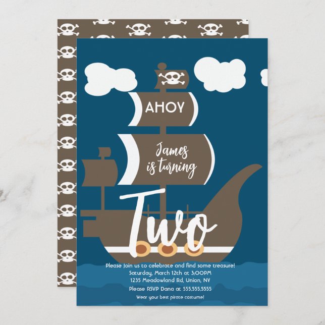 Invitación Barco pirata Cumpleaños Fiesta Ahoy Cualquier Edad (Anverso / Reverso)