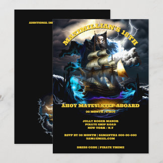 Invitación Barco pirata Jolly Roger bandera noche tormenta ah