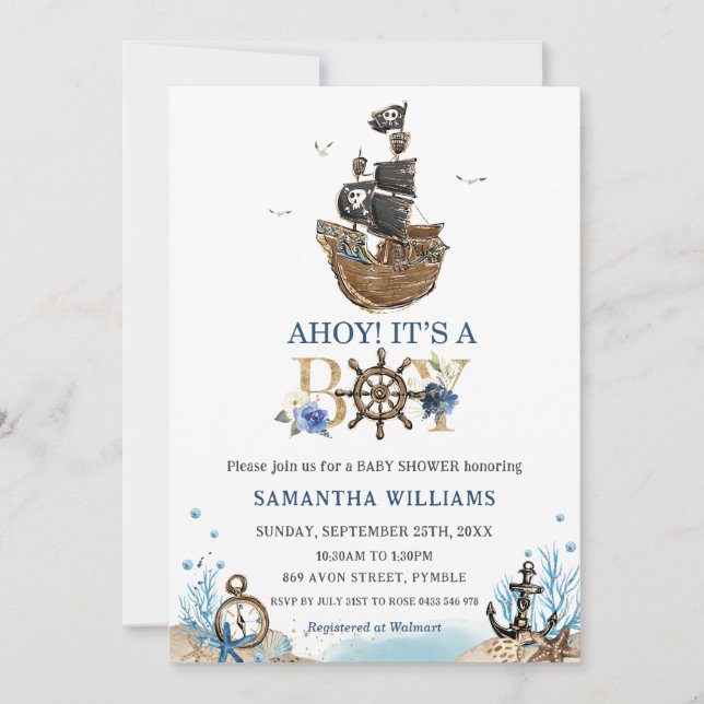 Invitación Barco pirata náutico hoy es un niño Baby Shower (Anverso)