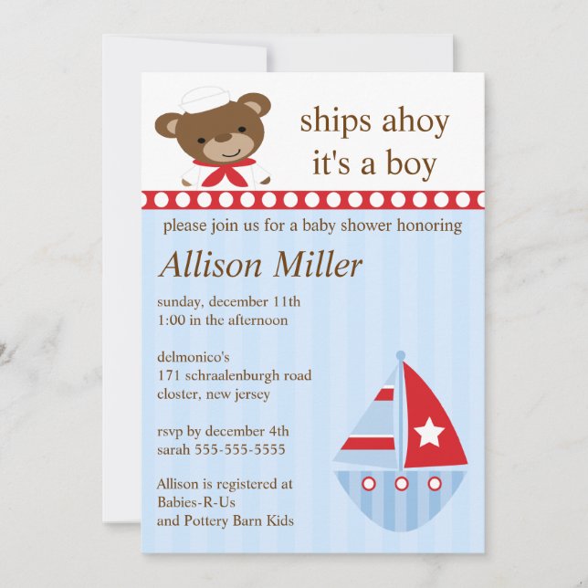 Invitación Barcos Cuestos Ahoy Sailboat Boy Baby Shower (Anverso)