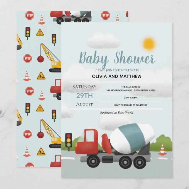 Invitación Barcos Cute Blue Construction Transport Baby Showe (Anverso / Reverso)