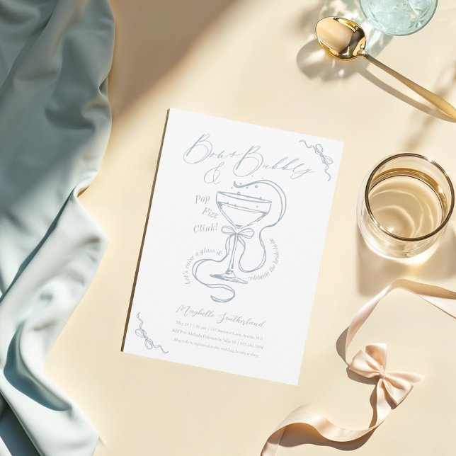 Invitación Barcos dibujados a mano y ducha de novia con cócte (Hand Drawn Bows & Bubbly Cocktail Bridal Shower Invitation (Front))