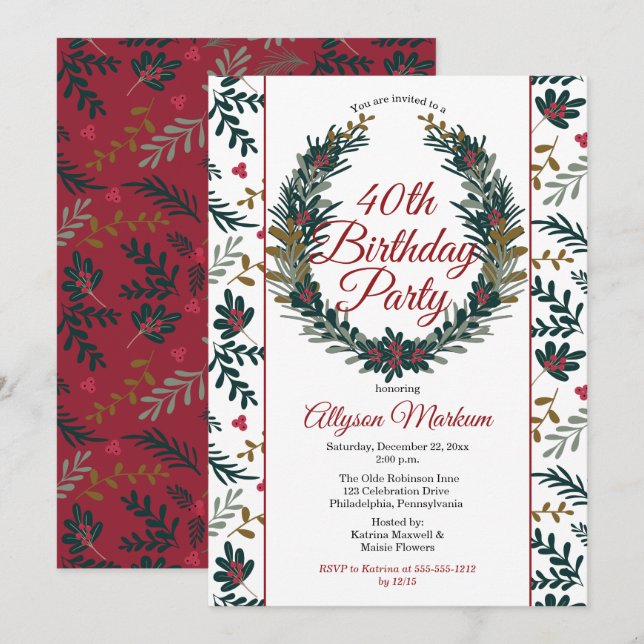 Invitación Bares de vacaciones| Pine Wreath 40th Birthday Fie (Anverso / Reverso)