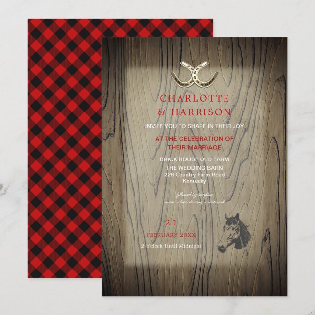 Invitación Barn Boda Madera Rojo Búfalo Tirado País Rústico (Anverso / Reverso)