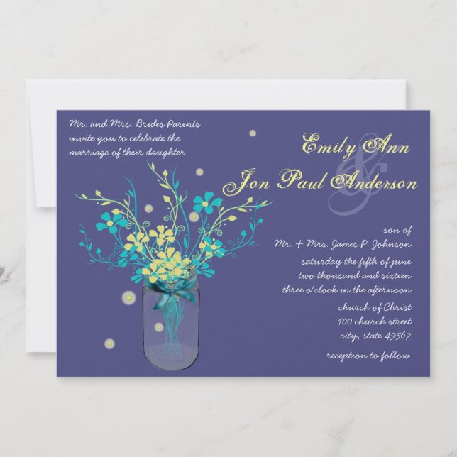 Invitación Barn Boda Navy Aqua Flor Amarilla Mason Jar (Anverso)