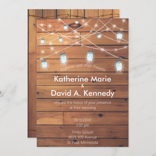 Invitación Barn Boda Wall Mason Jar String Light (Anverso / Reverso)
