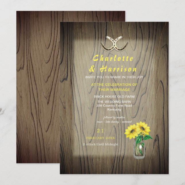 Invitación Barn Boda Wood Sunflower Country Rústico (Anverso / Reverso)