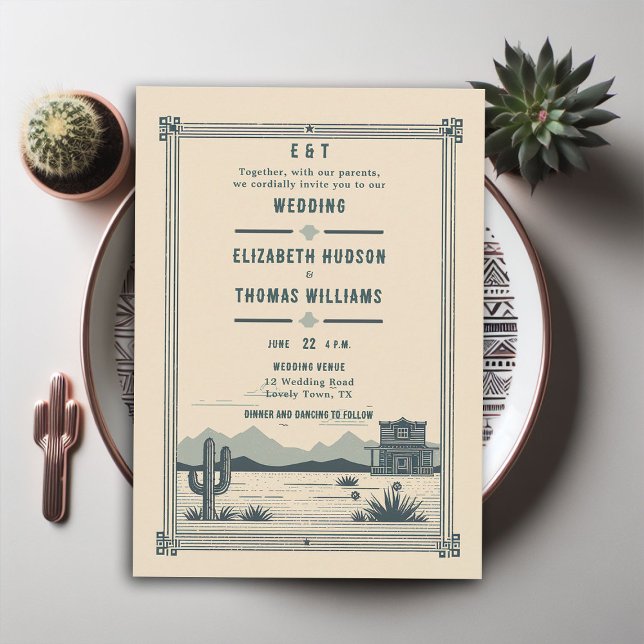 Invitación Barn Cactus, Boda de Vino Rústico Verde azulado (rustic vintage cowboy wedding invitation cactus desert illustration barn backyard outdoor)