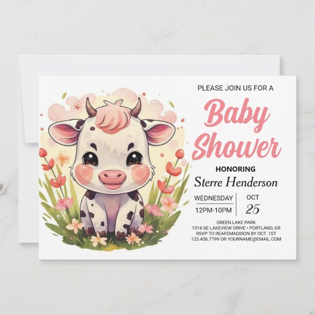 Invitación Barn Imprimible Pastel Cow Baby Shower (Anverso)