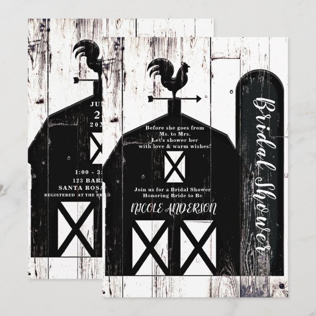 Invitación Barn Negro Madera Blanca Rústico Country Shower (Anverso / Reverso)