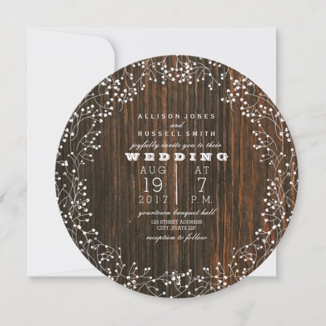 Invitación Barn Wood + Baby's Breath Round Boda (Anverso)