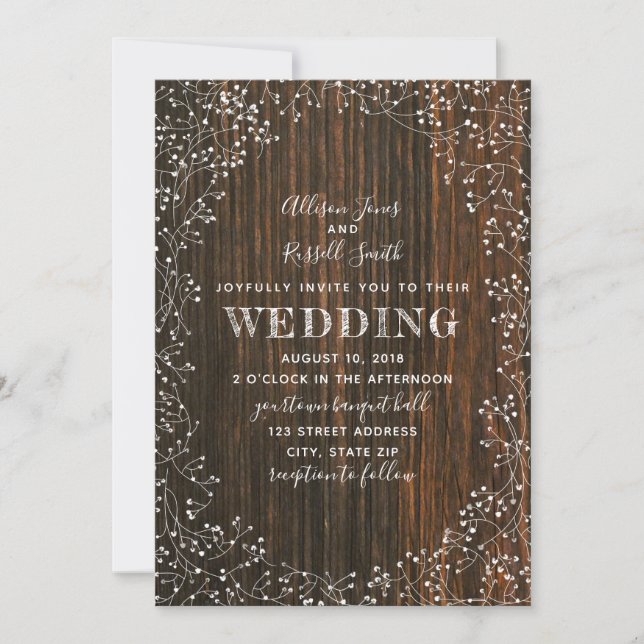 Invitación Barn Wood + Boda de caligrafía respiratoria para b (Anverso)