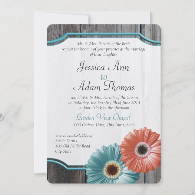 Invitación Barn Wood Daisy Coral y Aqua (Anverso)
