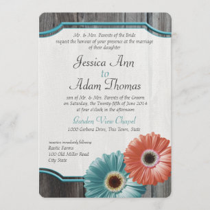 Invitación Barn Wood Daisy Coral y Aqua