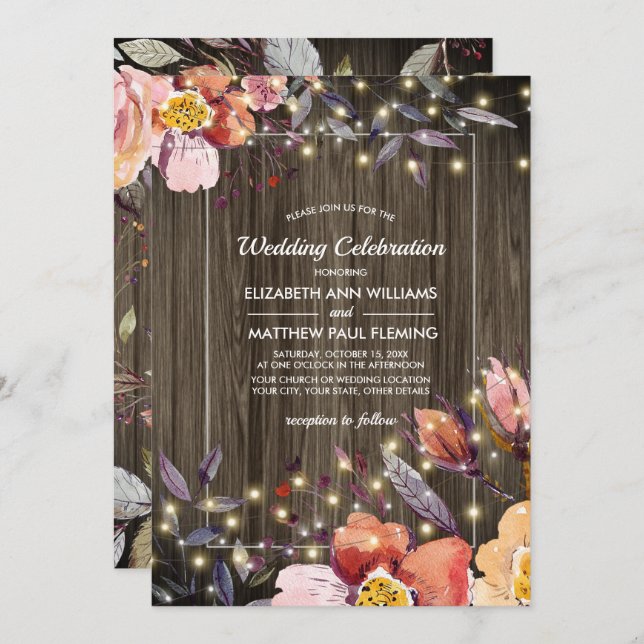 Invitación Barn Wood | Flores de otoño | Boda de cadenas lige (Anverso / Reverso)