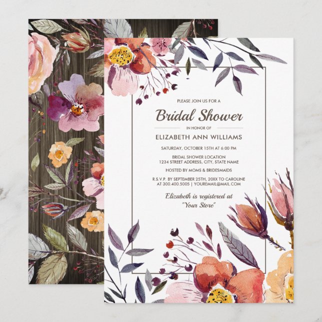 Invitación Barn Wood | Flores de otoño ducha de novia (Anverso / Reverso)