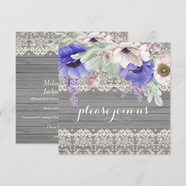Invitación Barn Wood Lace Acuarela Azul Anemones Blancos (Anverso / Reverso)