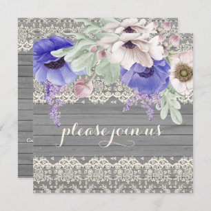 Invitación Barn Wood Lace Acuarela Azul Anemones Blancos