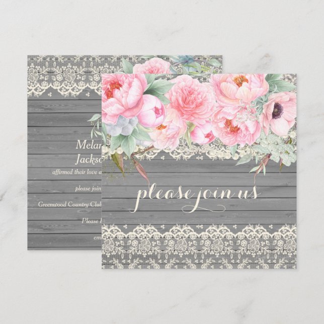Invitación Barn Wood Lace Peonies Anemones Watercolor (Anverso / Reverso)
