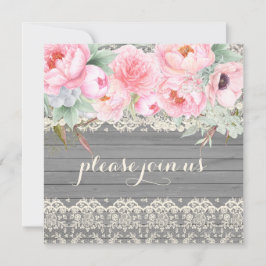 Invitación Barn Wood Lace Peonies Anemones Watercolor