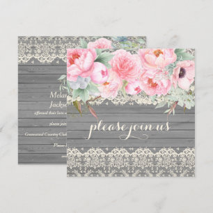 Invitación Barn Wood Lace Peonies Anemones Watercolor