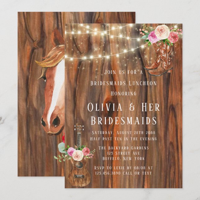 Invitación Barn Wood Lights Boots Bridesmaids Luncheon (Anverso / Reverso)