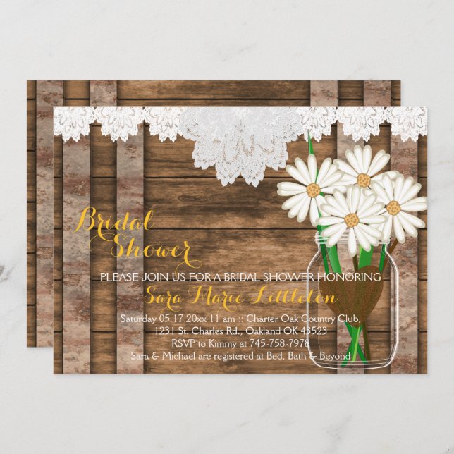 Invitación Barn Wood Mason Jar - Daisies Blancos Bridal Showe (Anverso / Reverso)