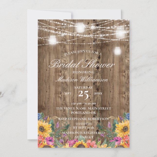 Invitación Barn Wood Mason Jar & Sunflower Bridal Shower (Anverso)