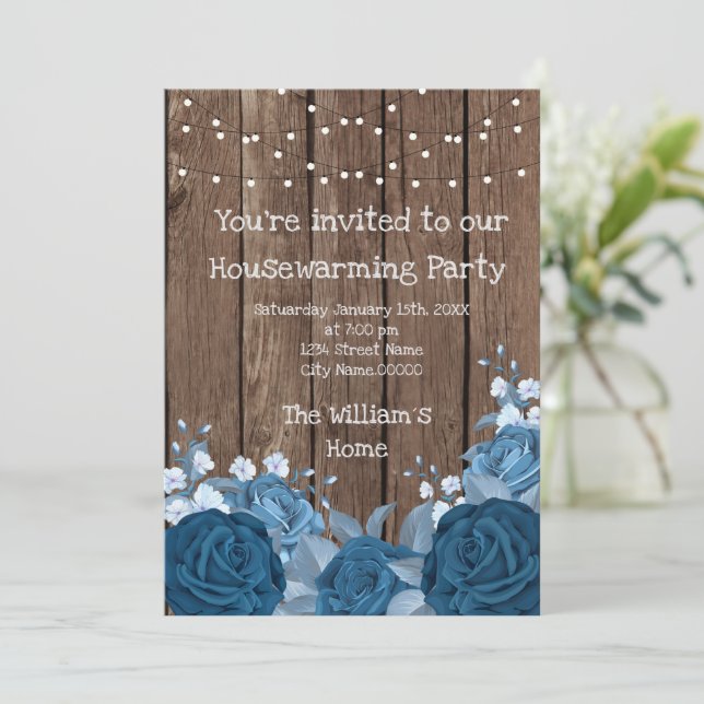 Invitación Barn Wood Rústico Azul Bouquet Fiesta Calentador d (Anverso de pie)