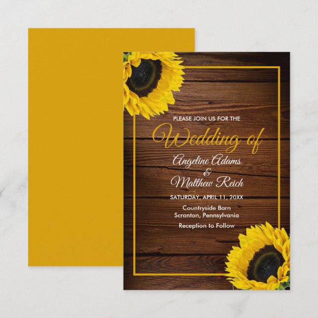 Invitación Barn Wood + Rústico Boda de girasoles (Anverso / Reverso)