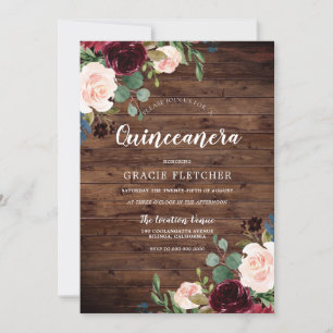 Invitación Barn Wood Rústico Burgundy Red Quinceanera Fiesta