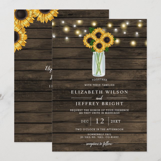 Invitación Barn Wood String ilumina a Sunflowers Boda (Anverso / Reverso)