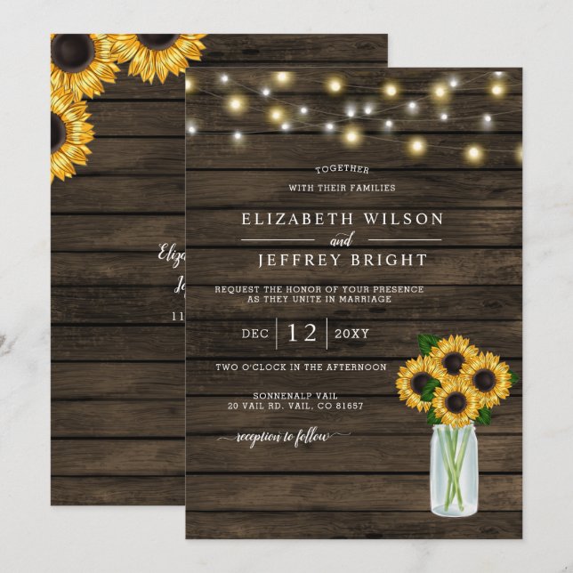 Invitación Barn Wood String ilumina a Sunflowers Boda (Anverso / Reverso)