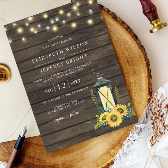 Invitación Barn Wood String ilumina a Sunflowers Lantern Boda (Subido por el creador)