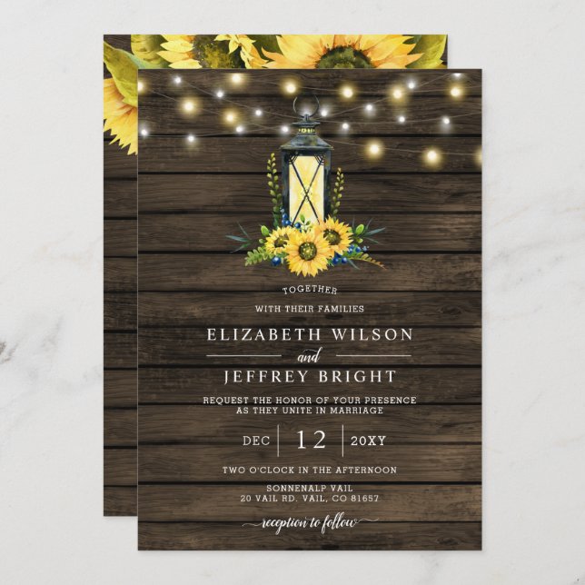 Invitación Barn Wood String ilumina a Sunflowers Lantern Boda (Anverso / Reverso)