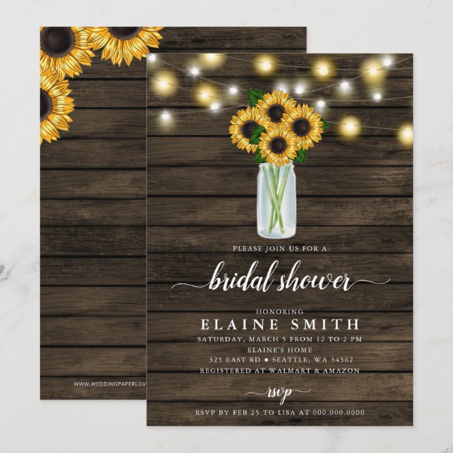 Invitación Barn Wood String ilumina Sunflowers Bridal Shower (Anverso / Reverso)