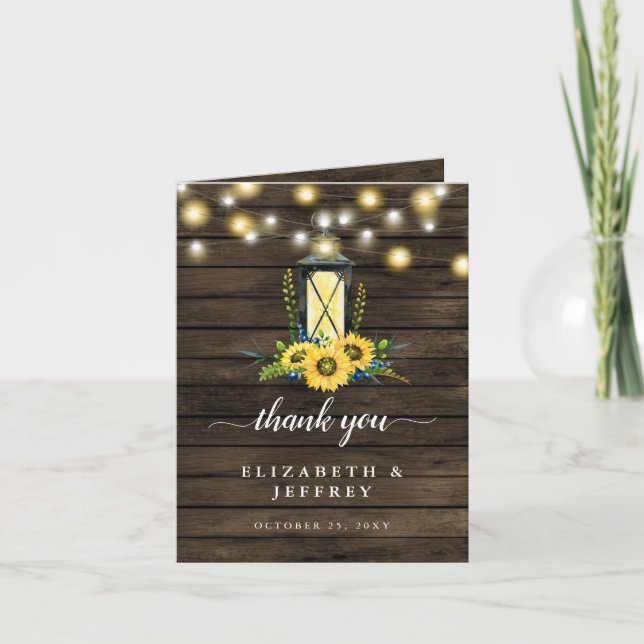 Invitación Barn Wood String Luces Sunflowers Gracias Card (Anverso)