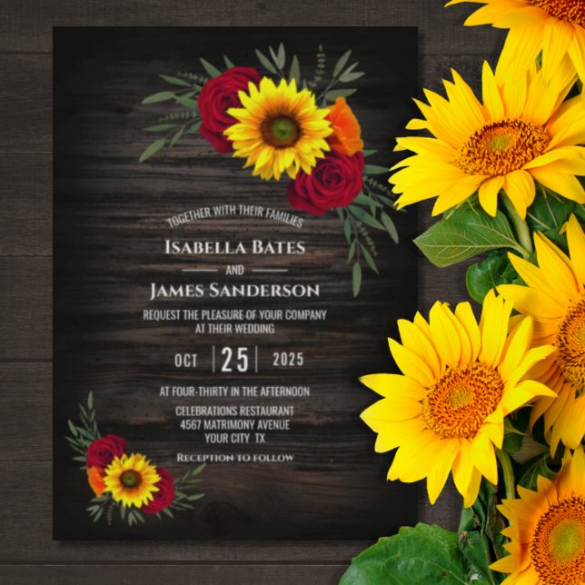 Invitación Barn Wood Sunflower Borgoña Rosa Boda (Subido por el creador)